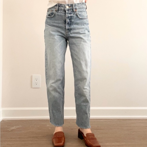 Zara Light Blue Straight Leg Raw Hem Jeans - Picture 4 of 8